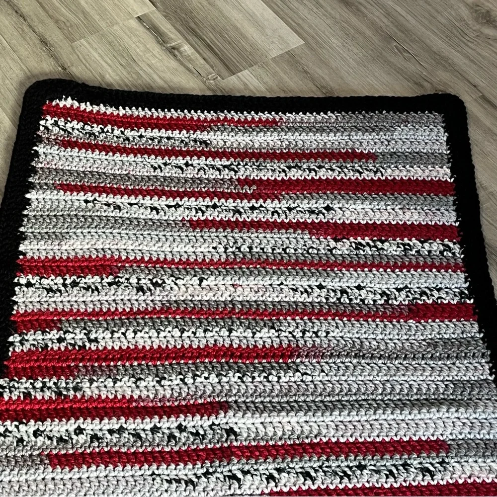 New Handmade Crochet Black, Gray, & Red Blanket